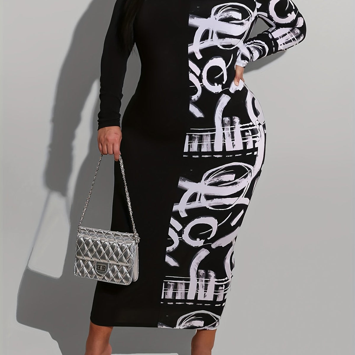  Colorblock Graffiti Print Off Shoulder Bodycon Midi Dress