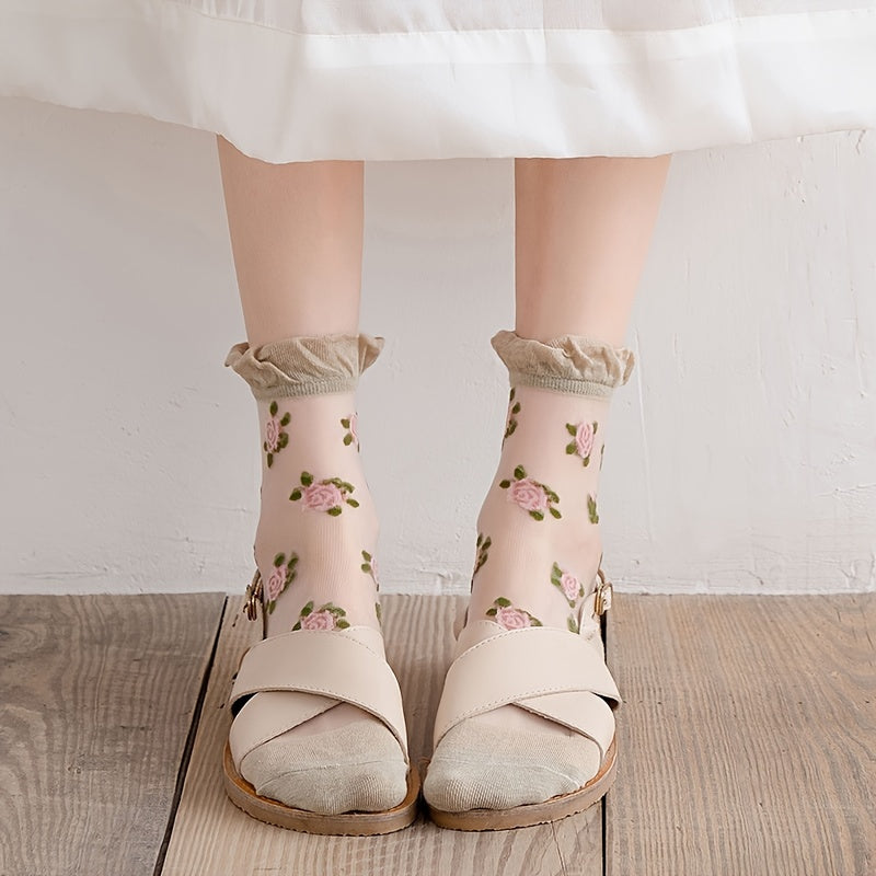 5 Pairs Floral Print Tulle Socks Lightweight & Breathable