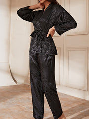 Leopard Pajama Set Long Sleeve Robe & Pants Women's Sleepwear