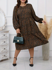  Leopard Print Lantern Sleeve Midi Smock Dress