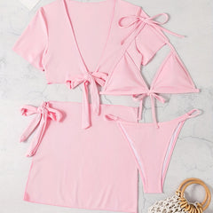 Solid Stretchy Bikini Set Halter V Neck High Cut With Cover Up