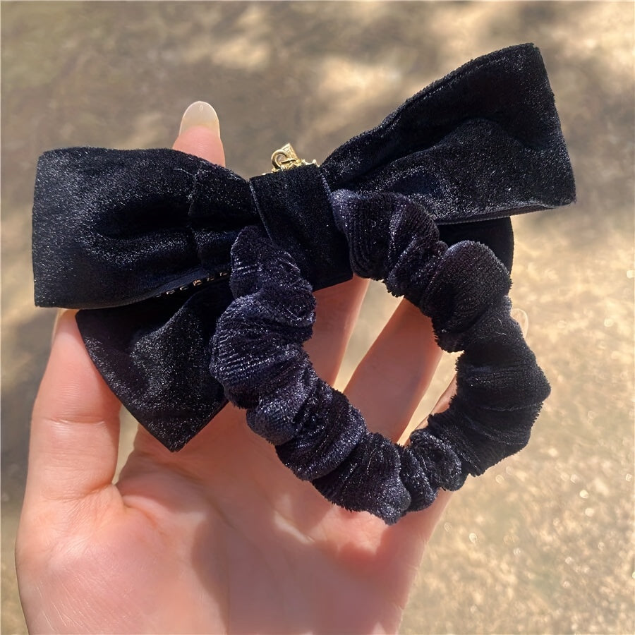 Velvet Bow Scrunchies with Rhinestone Brim Hair Tie