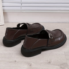 Women's Chunky Heel Loafers British Style Buckle Strap Shoes