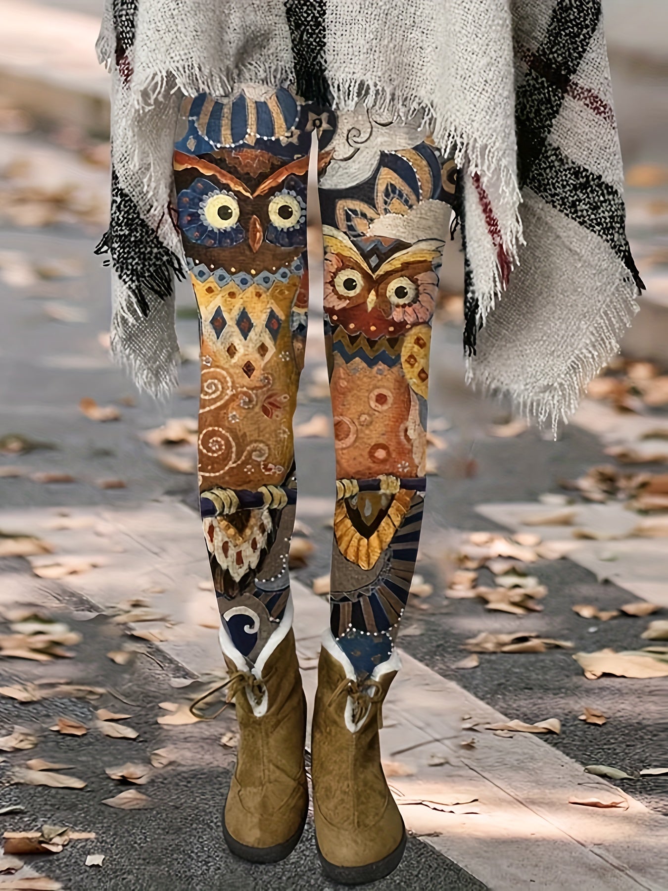  Tribal & Owl Print Elastic High Rise Skinny Pants