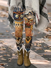  Tribal & Owl Print Elastic High Rise Skinny Pants