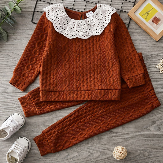 Girls Lace Trim Long Sleeve Sweatshirt & Jogger Pants Set
