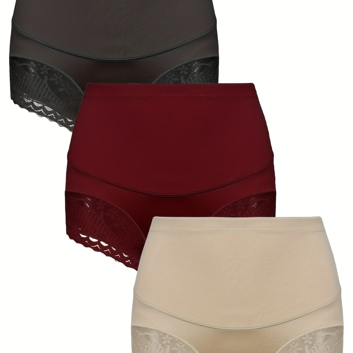 3 Pack Plus Size Panties Set Women's Plus Contrast Lace Tummy Control High Waist