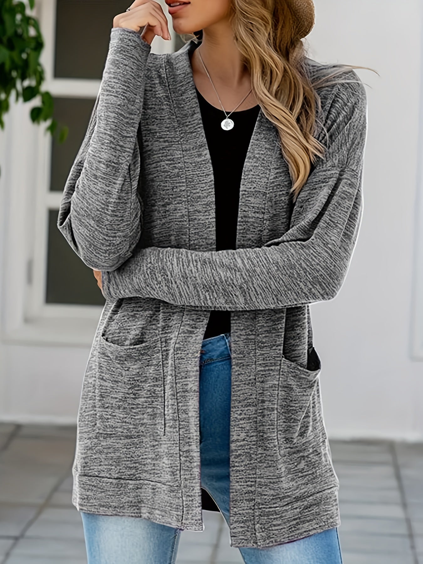  Heathered Long Sleeve Open Front Cardigan With Pockets