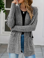  Heathered Long Sleeve Open Front Cardigan With Pockets