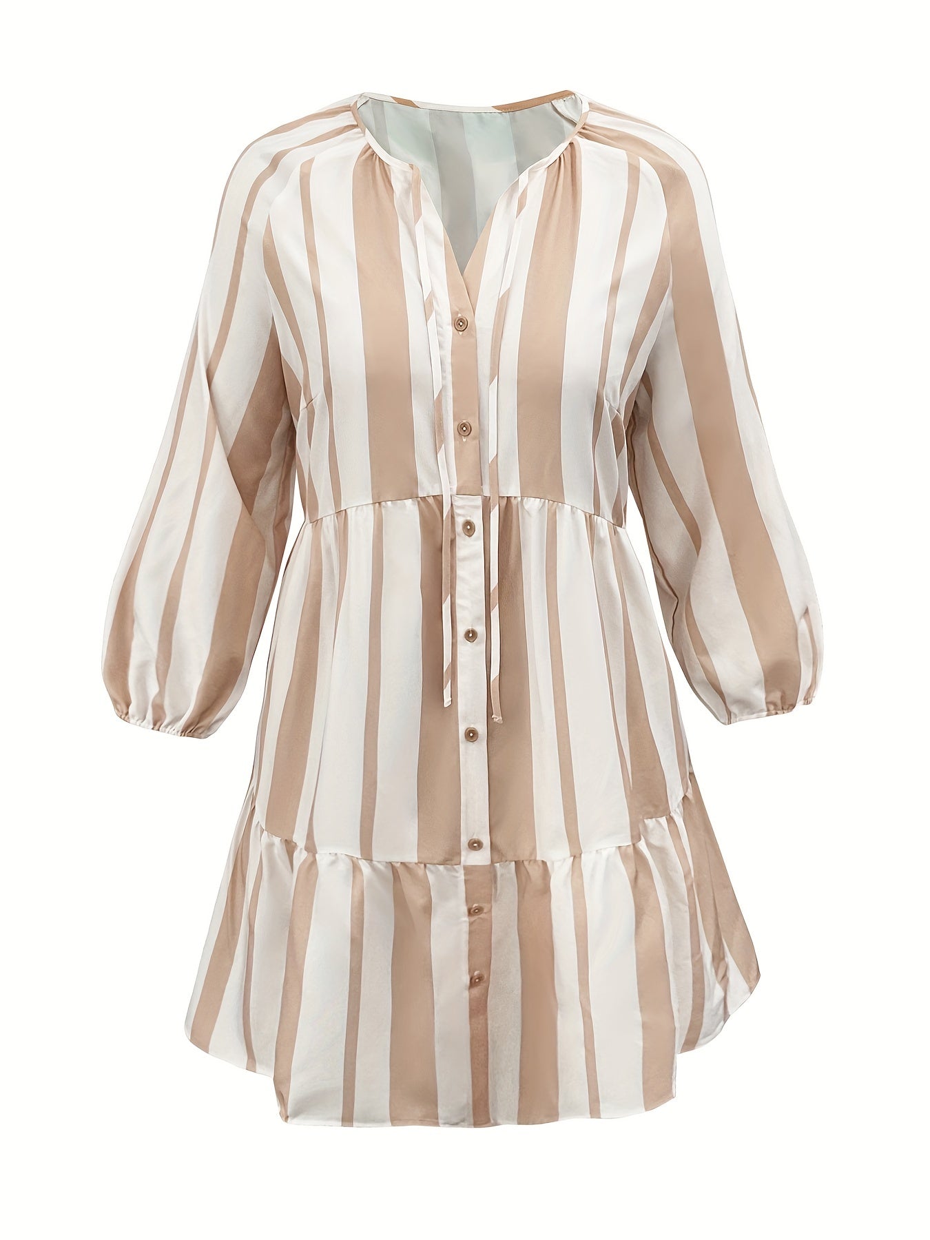  Stripe Print Lantern Sleeve Button Up Smock Dress
