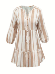  Stripe Print Lantern Sleeve Button Up Smock Dress