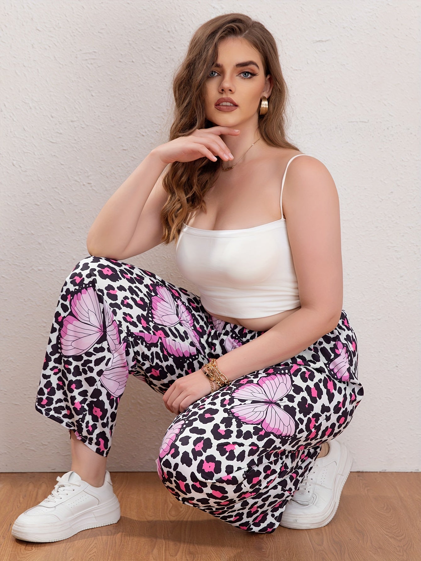  Leopard & Butterfly Print High Rise Wide Leg Trousers