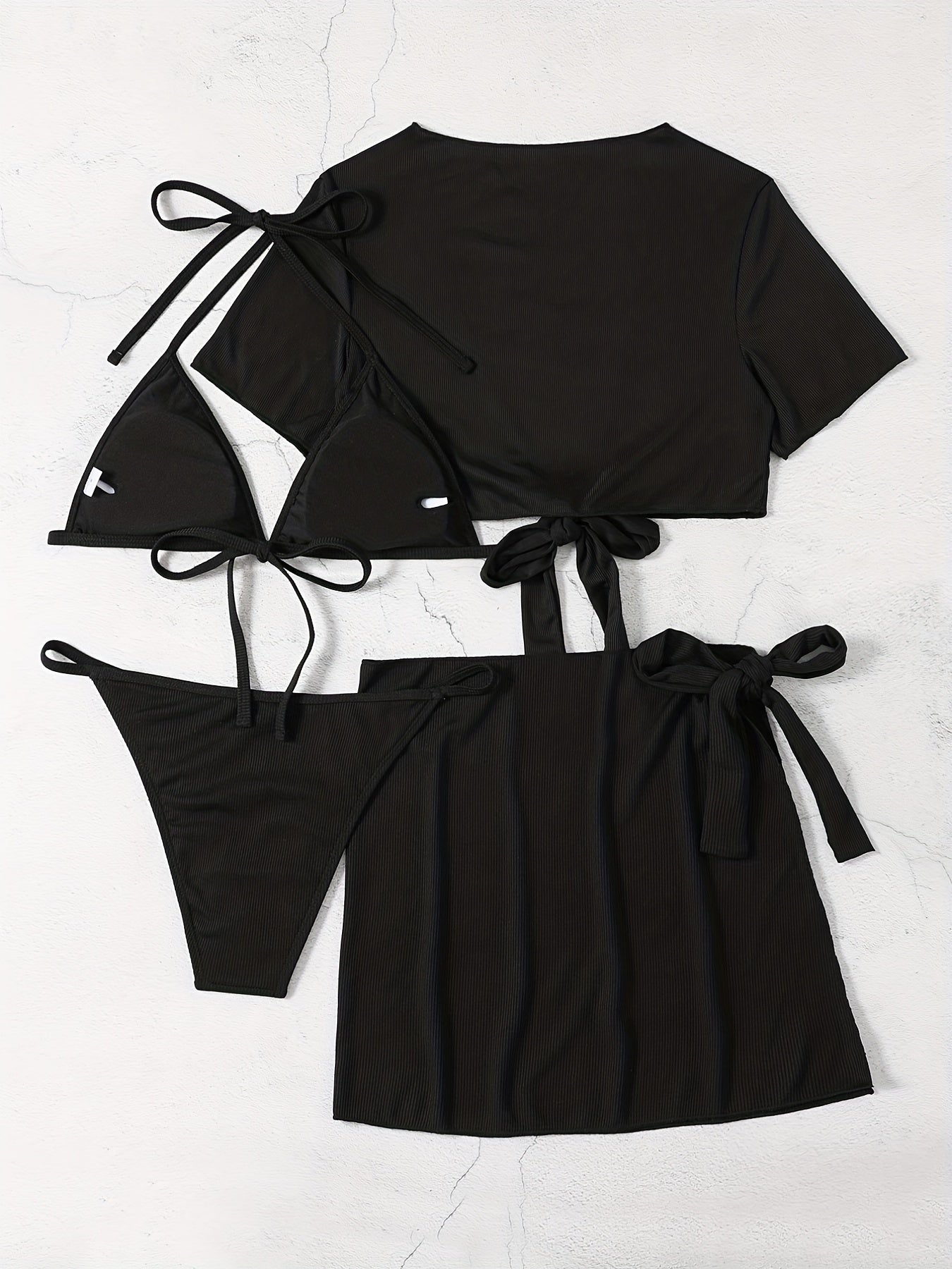 Solid Stretchy Bikini Set Halter V Neck High Cut With Cover Up