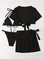 Solid Stretchy Bikini Set Halter V Neck High Cut With Cover Up