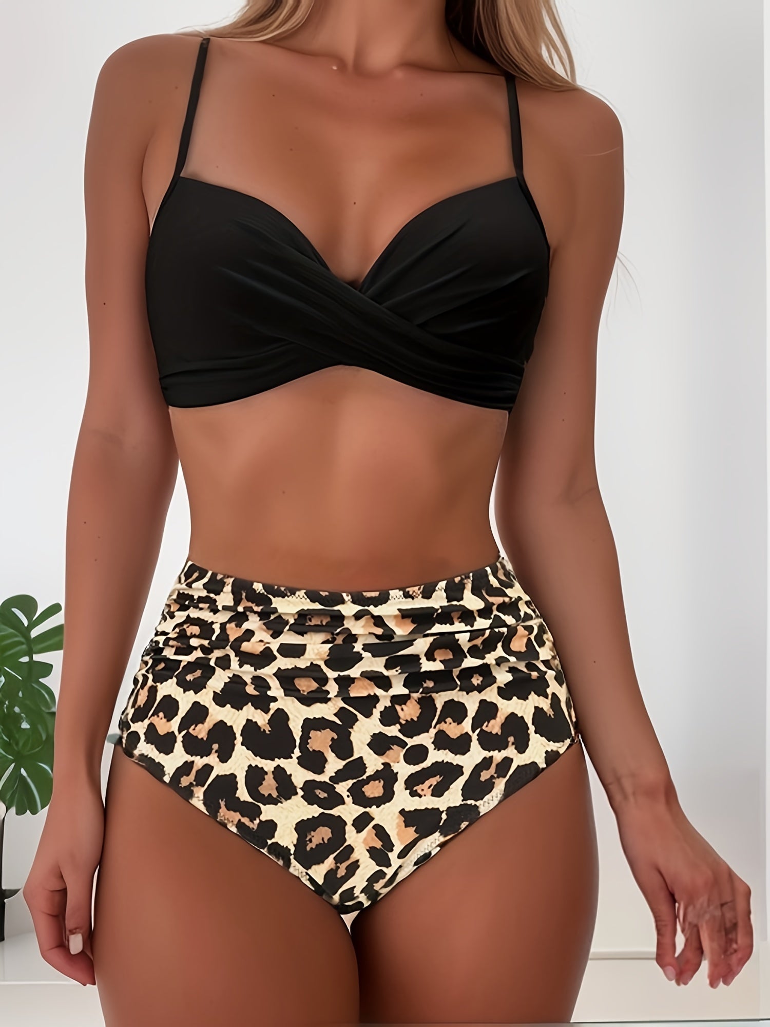 Tropical Print V Neck Bikini Set Layered High Waist Colorblock Swimsuit