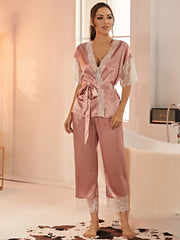 Lace Satin Pajama Set Short Sleeve Robe Women's Sleepwear