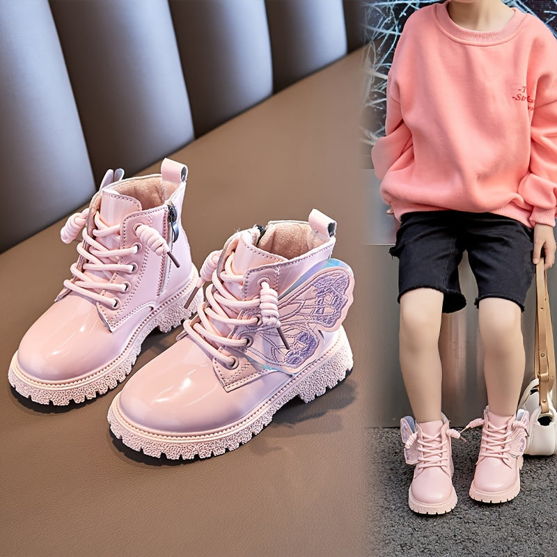 Butterfly Plus Fleece Boots With Zipper For Girls Lightweight Non Slip Boots