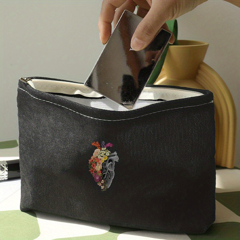 Halloween Flower Heart Print Cosmetic Bag Gothic Zipper Travel Storage Bag