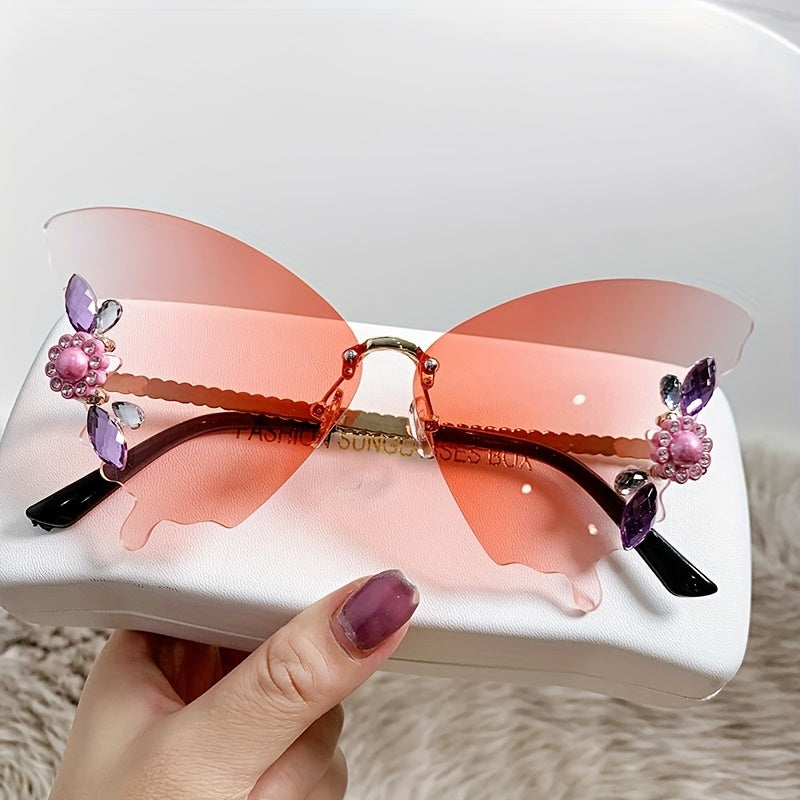 Rhinestone Gradient Butterfly Rimless Sunglasses UV400