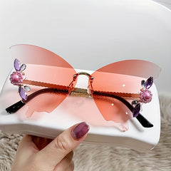 Rhinestone Gradient Butterfly Rimless Sunglasses UV400