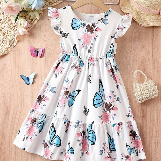 Girls Butterfly Ruffle Sleeve Cotton Dress For Party Beach Holiday