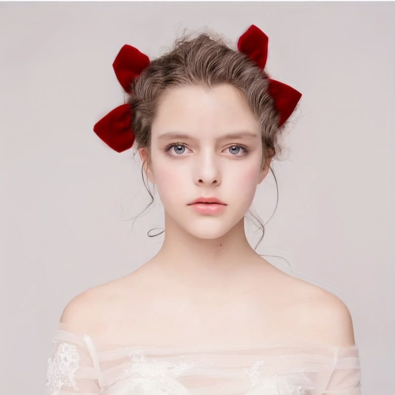 Velvet Bow Hair Clip Set - Red Plush Hair Accessories
