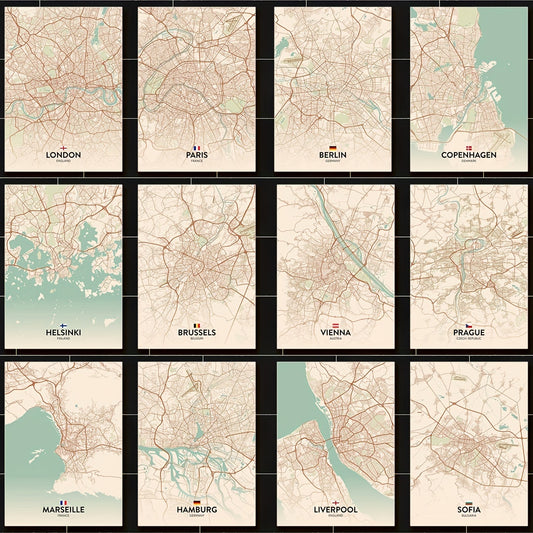 Vintage Style Famous Cities Maps Wall Stickers Room Decor No Frames