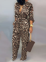 Leopard Print Tie Front Jumpsuit V Neck Long Sleeve Casual Jumpsuit