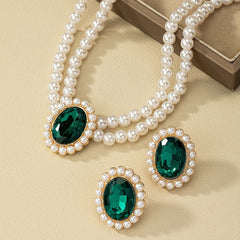 Vintage Emerald Stud Earrings & Faux Pearl Choker Necklace Set