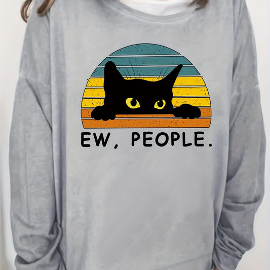 Cat & Letter Print Crew Neck Sweatshirt for Women