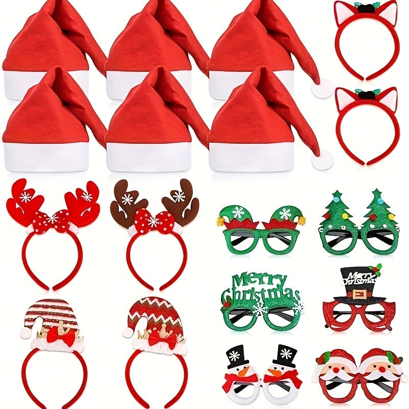 Christmas Party Accessory Set: Headbands, Santa Hats, Novelty Glasses