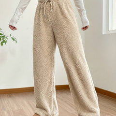  Solid Fleece Elastic Wide Leg Trousers