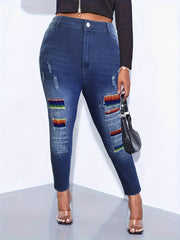  Colorblock Button Fly Ripped Fringe Trim Jeans