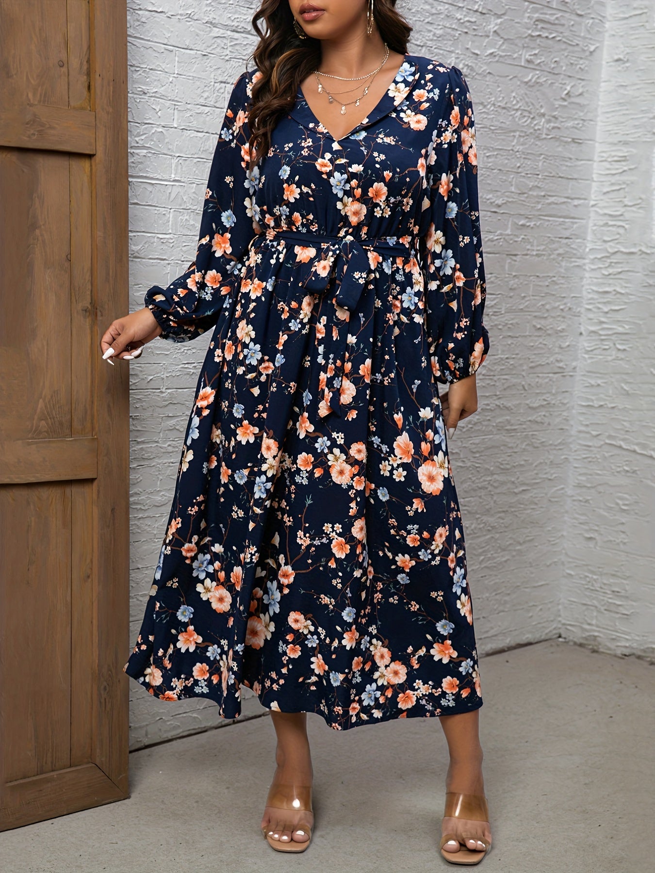  Floral Print Long Sleeve Maxi Dress With Belt