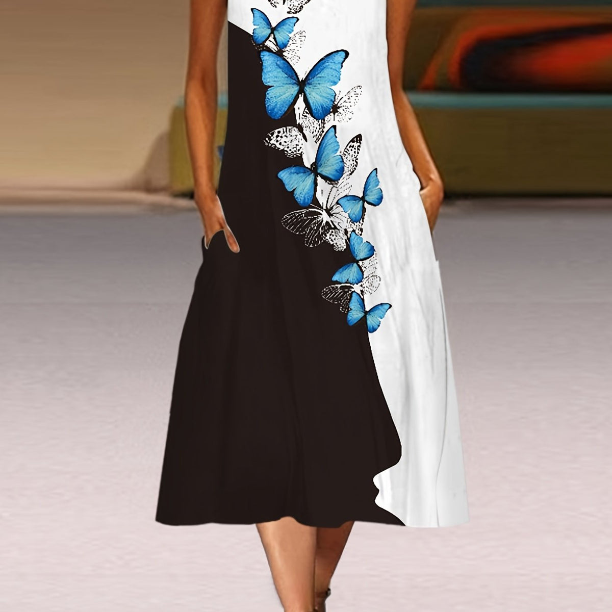  Colorblock Butterfly Print Tank Dress With Pockets