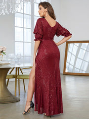 Sequined V Neck Split Bridesmaid Dress for Wedding Party