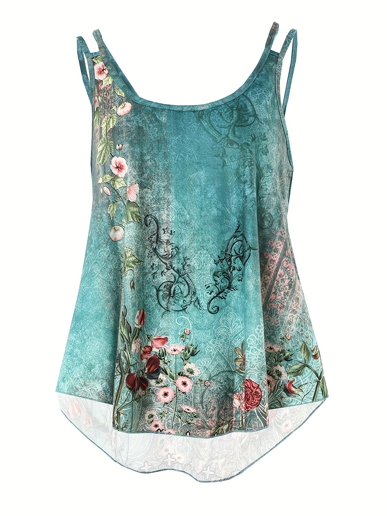 Floral Print Double Strap Top Crew Neck Cami