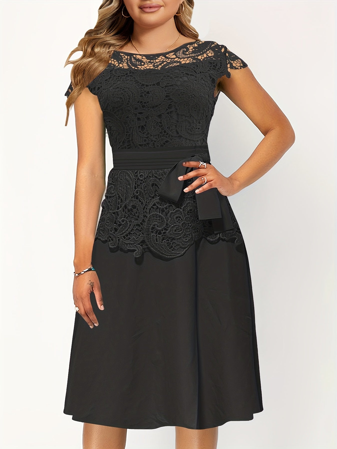 Lace Contrast Cap Sleeve A Line Dress With Belted