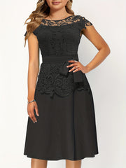 Lace Contrast Cap Sleeve A Line Dress With Belted