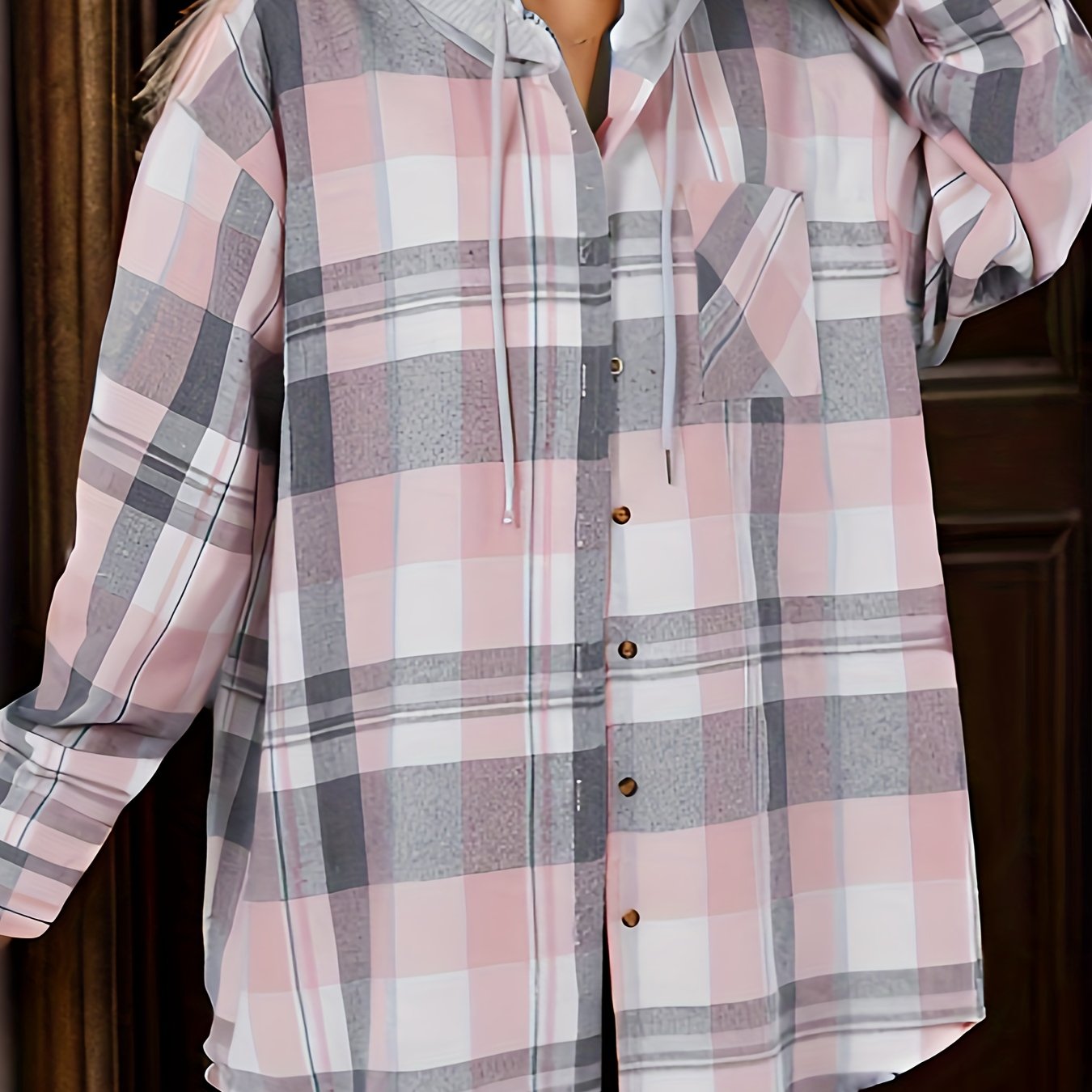  Colorblock Plaid Hoodie Drawstring Shirt