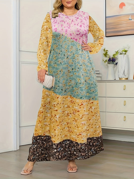 Colorblock Floral Print Maxi Dress
