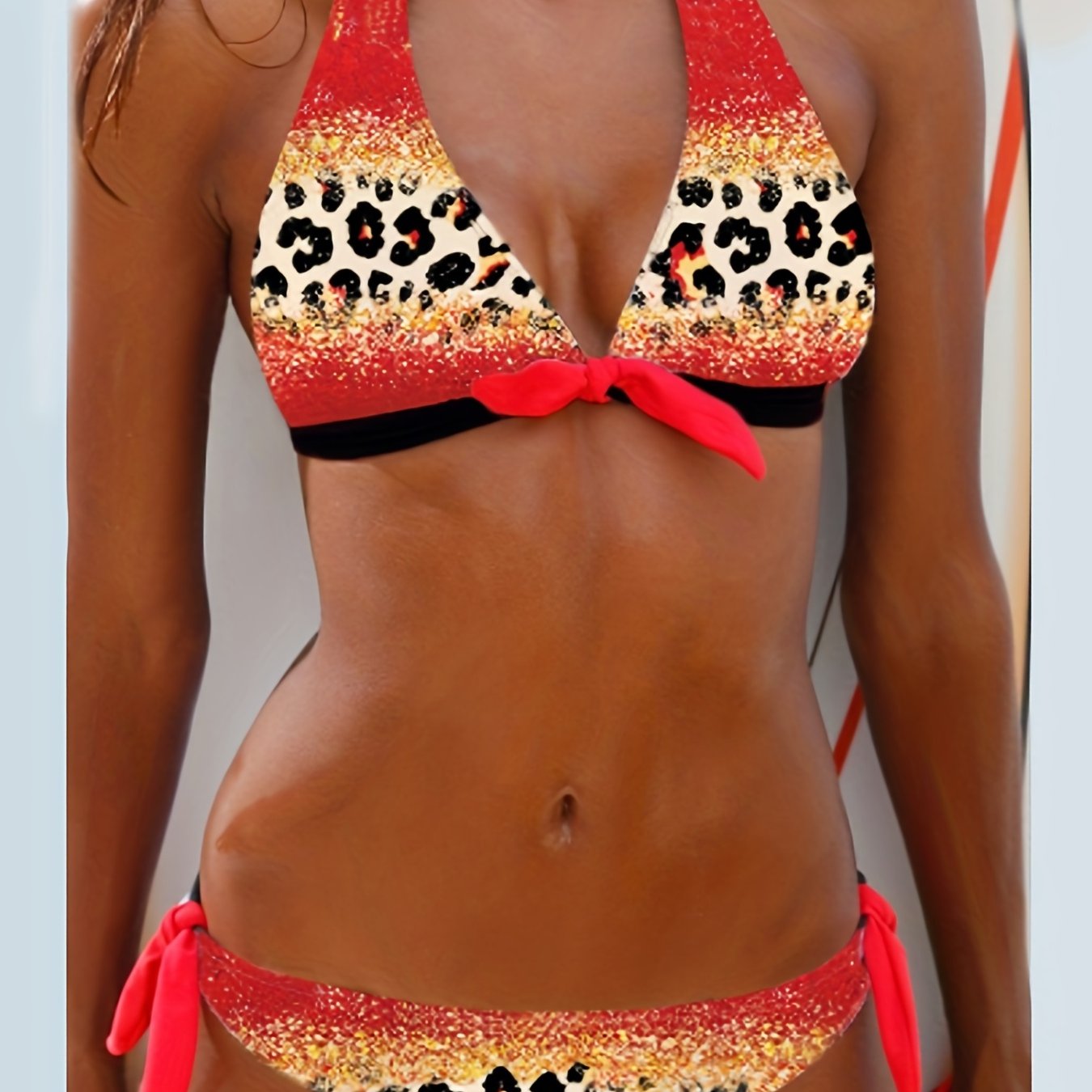 Leopard Print Bikini Set Halter V Neck Back Buckle Backless Tie Side High Cut