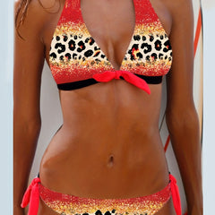 Leopard Print Bikini Set Halter V Neck Back Buckle Backless Tie Side High Cut
