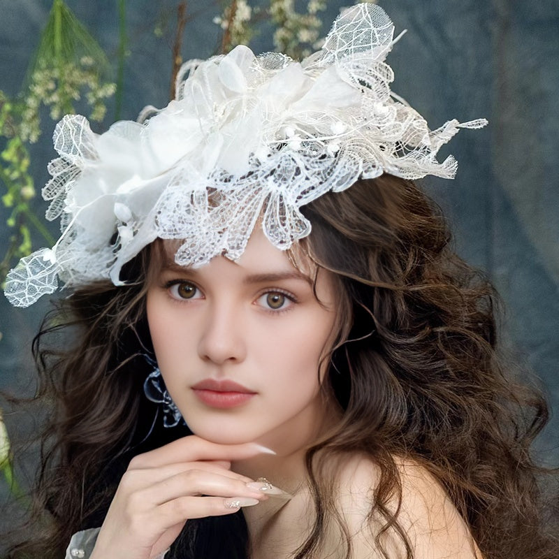 Vintage Bride Floral Hat with Lace Detail Mesh Fabric