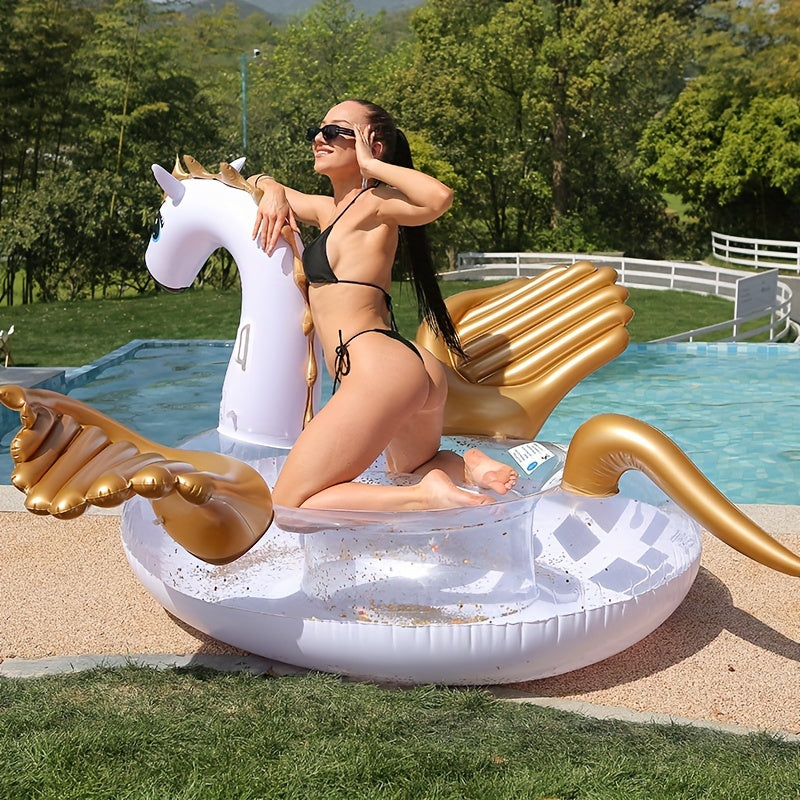 Golden Wings Swimming Float With Small Sequins Flying Horse Floating Bed