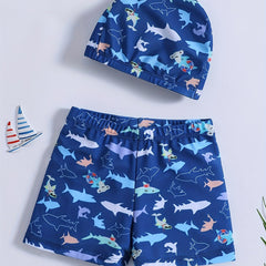 2pcs Boys Shark Print Swim Trunks & Cap Swimsuit Summer Clothes