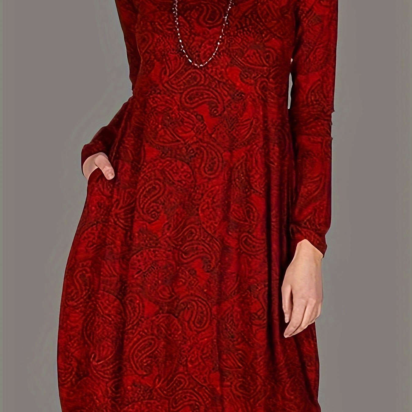 Boho Dress Paisley Print Long Sleeve Round Neck With Pockets