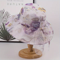 Flower Print Sun Hat Ribbon Bowknot Casual Bucket Hats