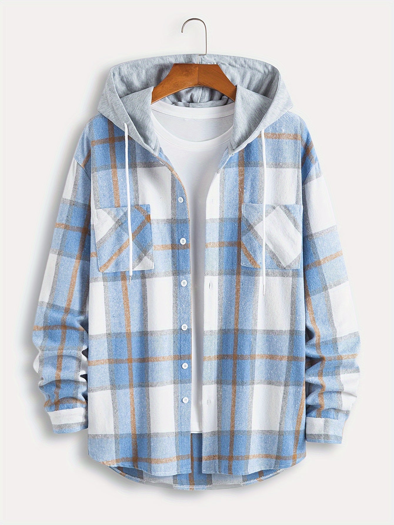 Men's Plaid Hooded Jacket Button Down Shirt