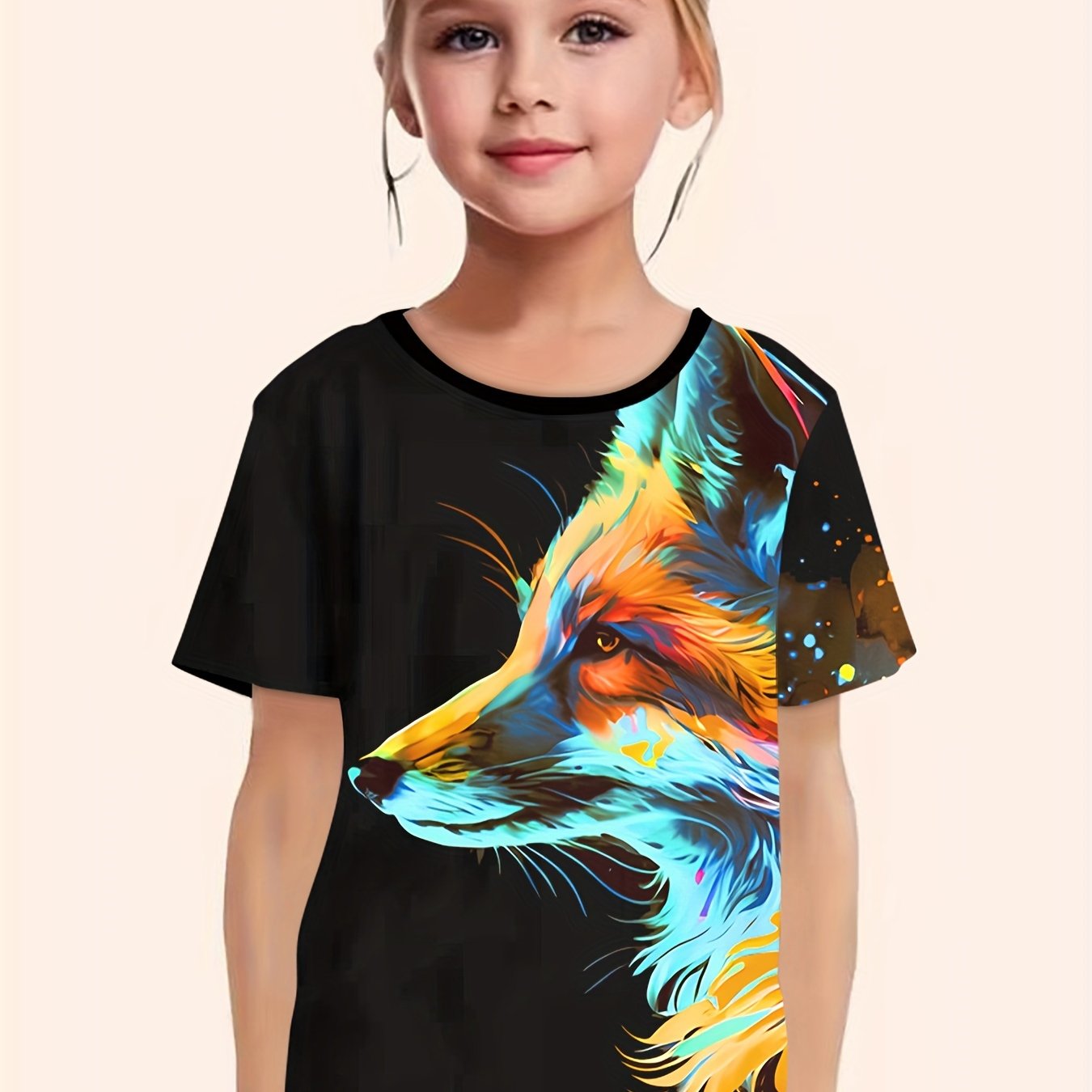Tie Dye Fox Graphic Short Sleeve T shirt Girls Summer Tops